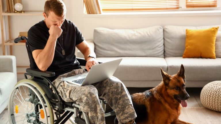 Disabled veteran in a wheelchair on computer
