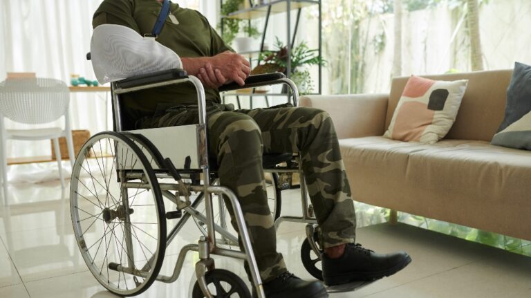 veteran is sitting in wheelchair