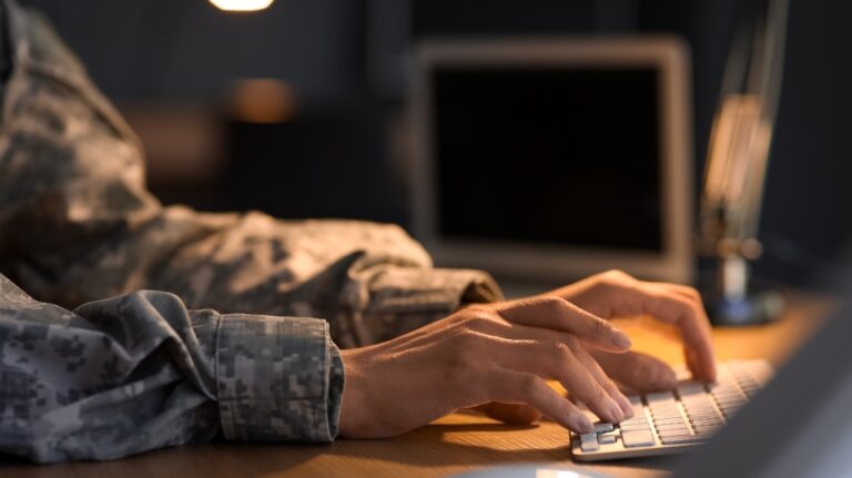 veteran is searching information in the internet