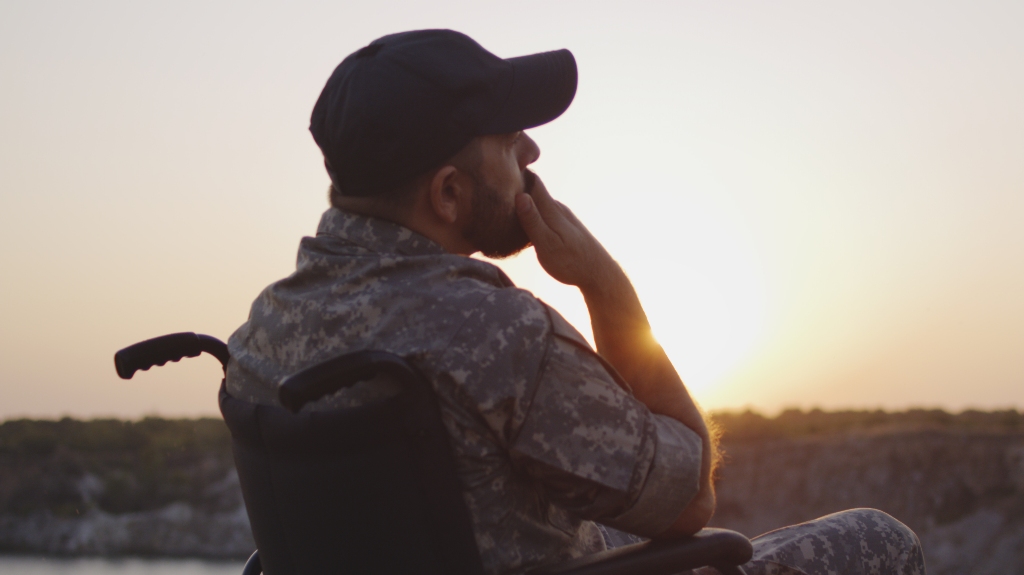 veteran is sitting sitting in the wheelchair on a meadow at sunset